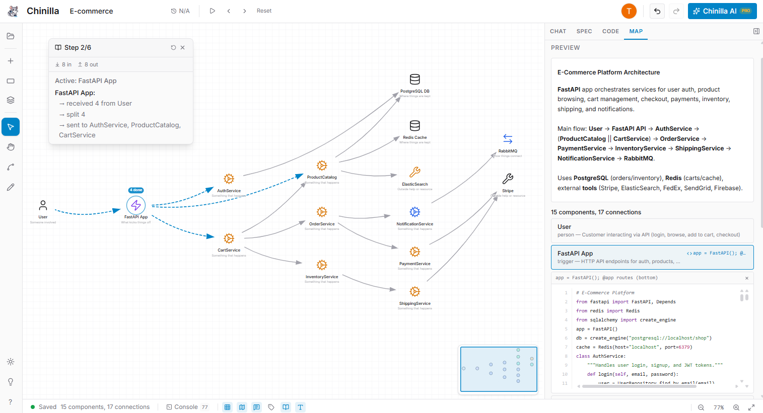 Chinilla Map feature: code pasted on the right, visual architecture diagram generated on the canvas